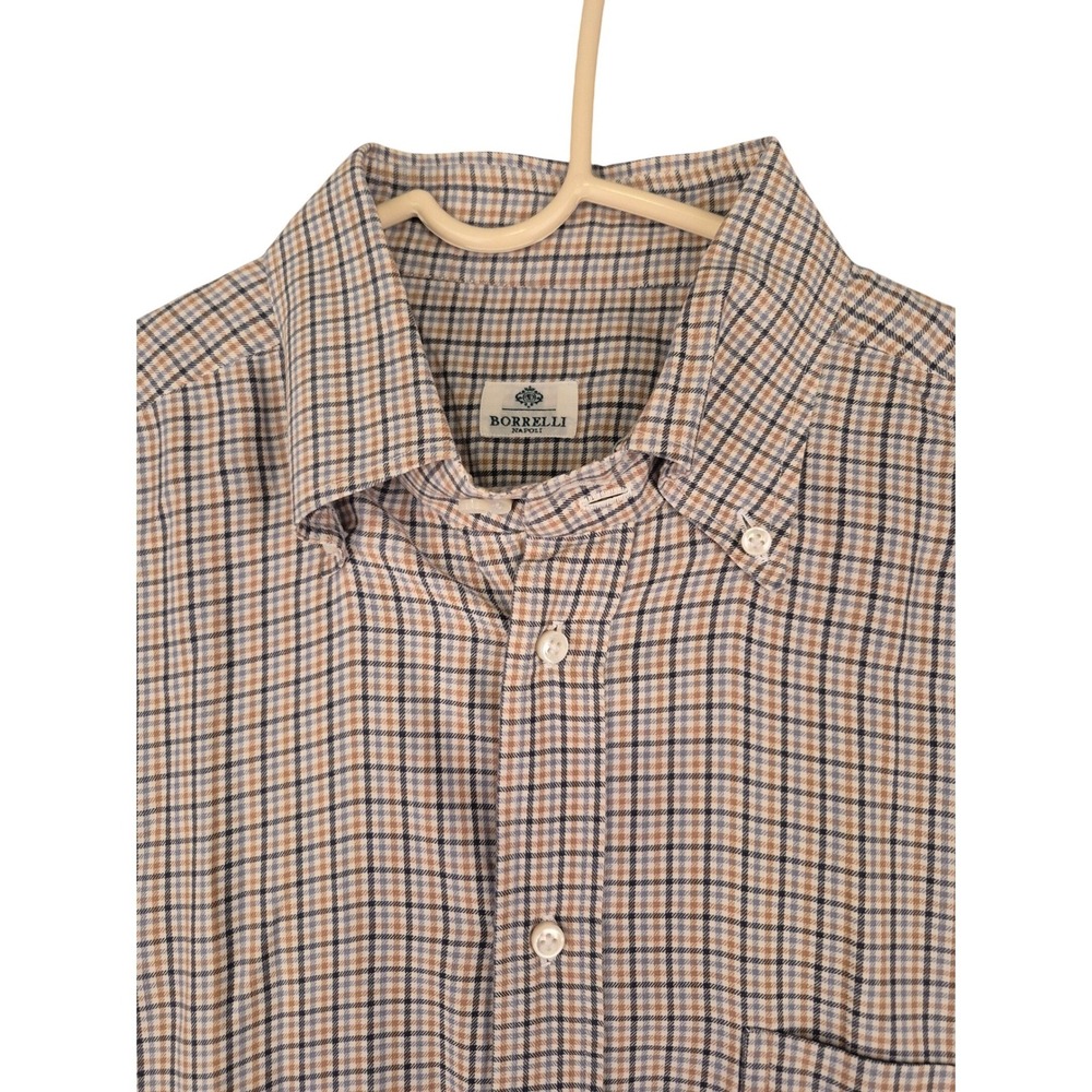 Luigi Borrelli Napoli Mens XL Button Down Shirt Check Plaid Made in Italy Blue